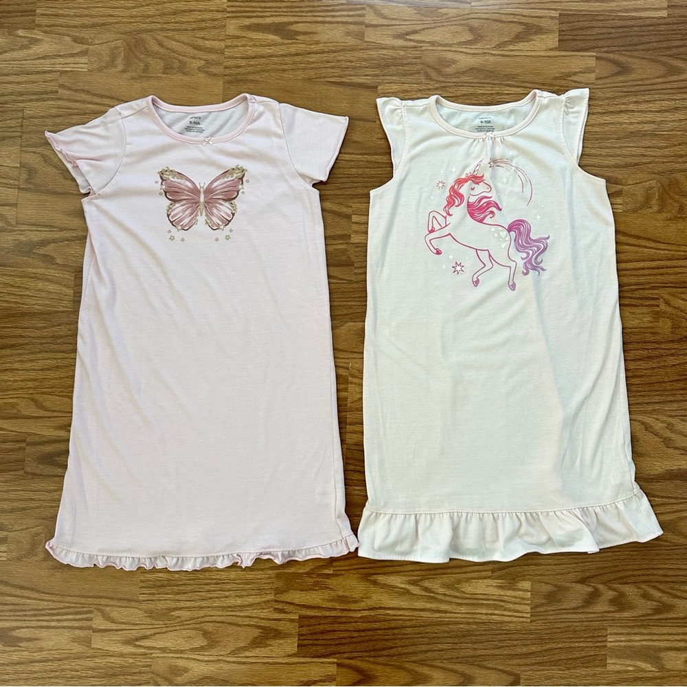 2x Carter’s Girls Size 8-10A Short Sleeve Nightgown Butterfly Unicorn Pink EUC!